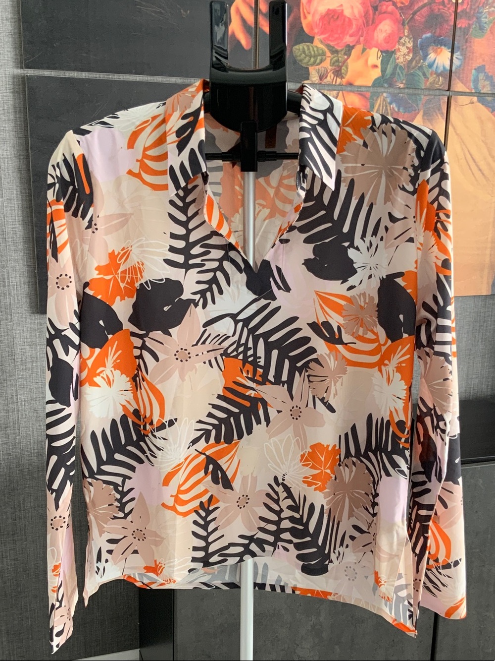 Indyeva Frivola Floral Leaf Print Long-Sleeve Blouse - Orange & Black M